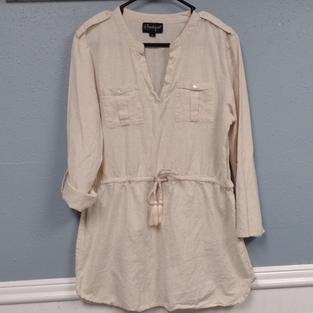 B.Boutique by Evergreen,Cream Cuffed Sleeve TunicTop with Tie Front Beach Vacati - Picture 1 of 16